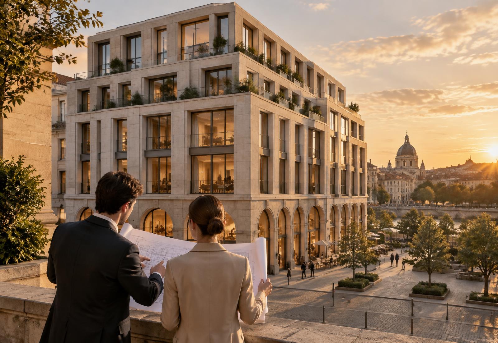 Modern mixed-use development at golden hour with architects reviewing plans