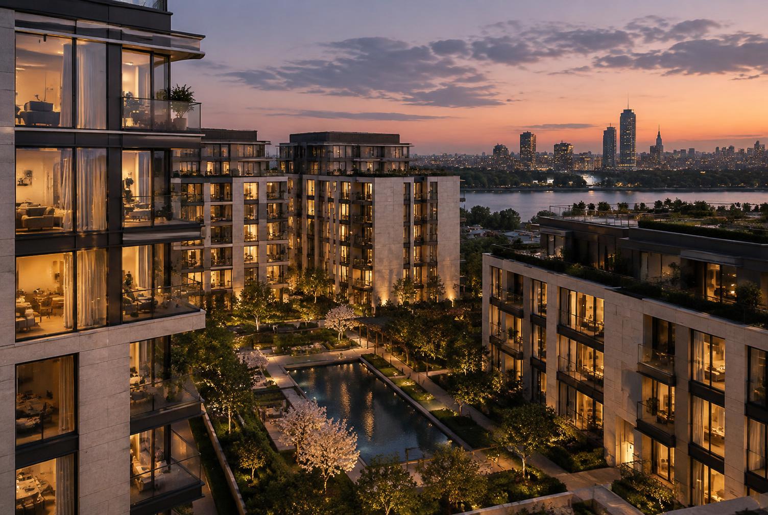 Modern residential development at dusk with landscaped courtyards and warm apartment lighting