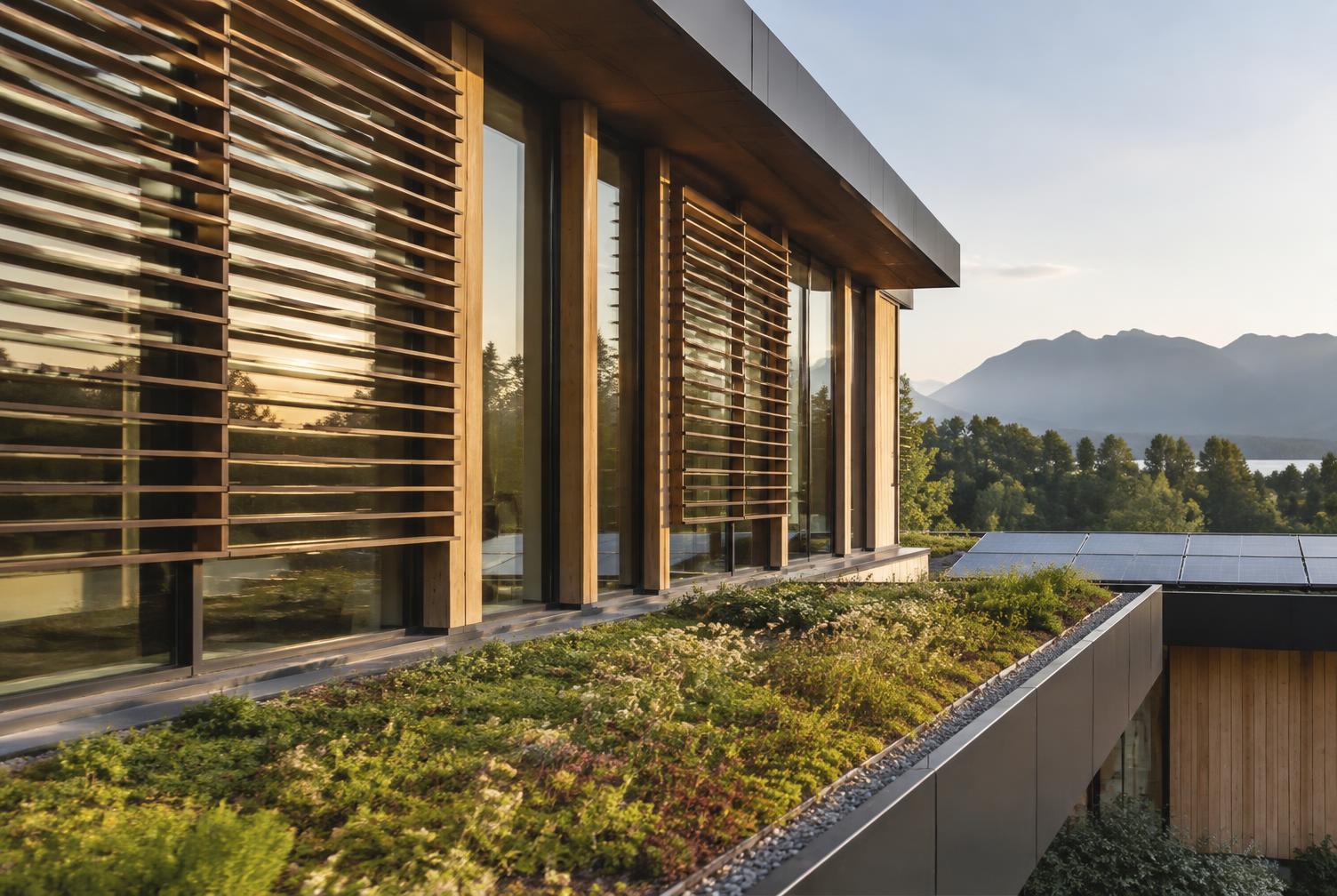 Contemporary facade with solar shading, green roof planting and discreet solar panels