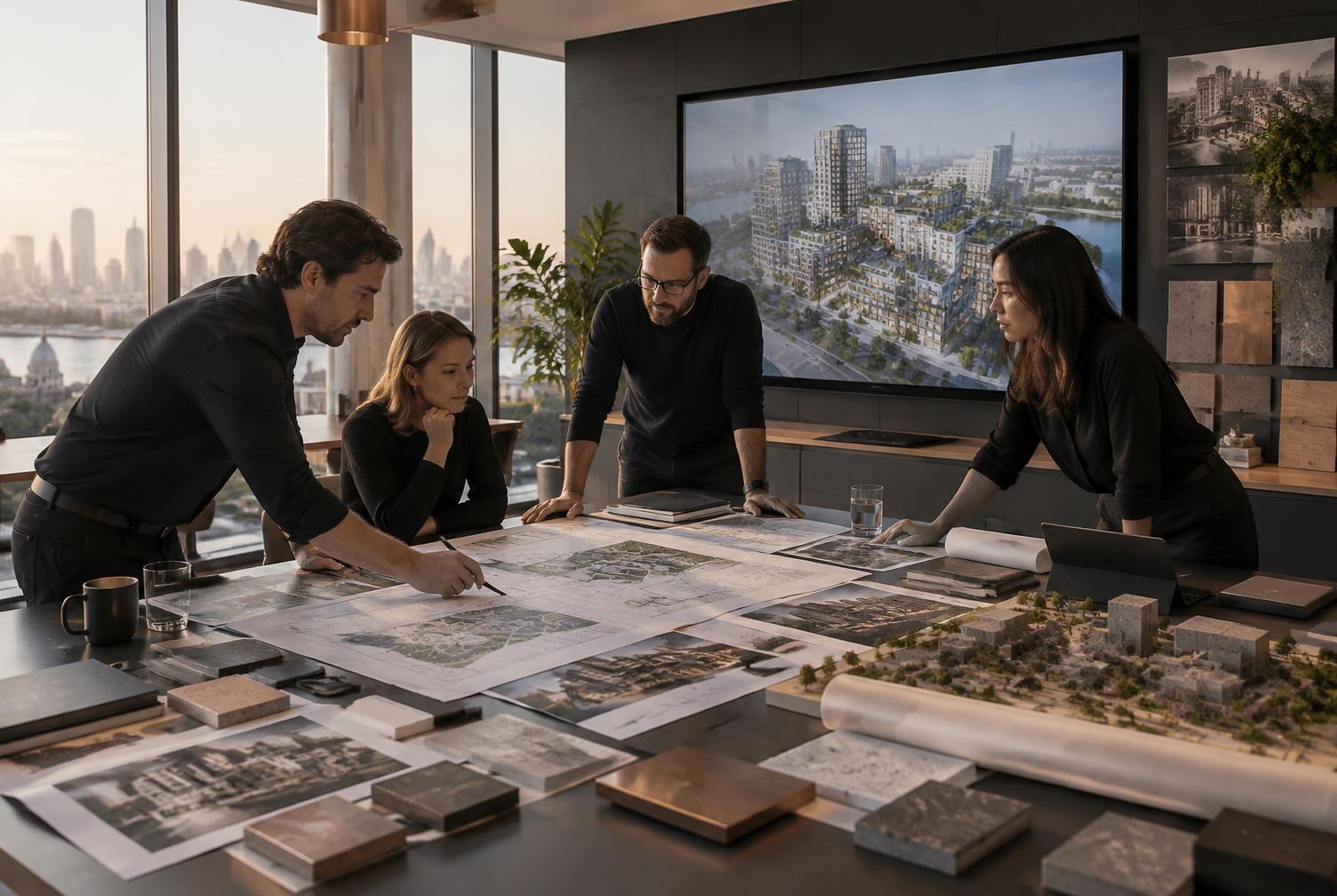 Architects and planners reviewing site plans and a development model in a contemporary studio