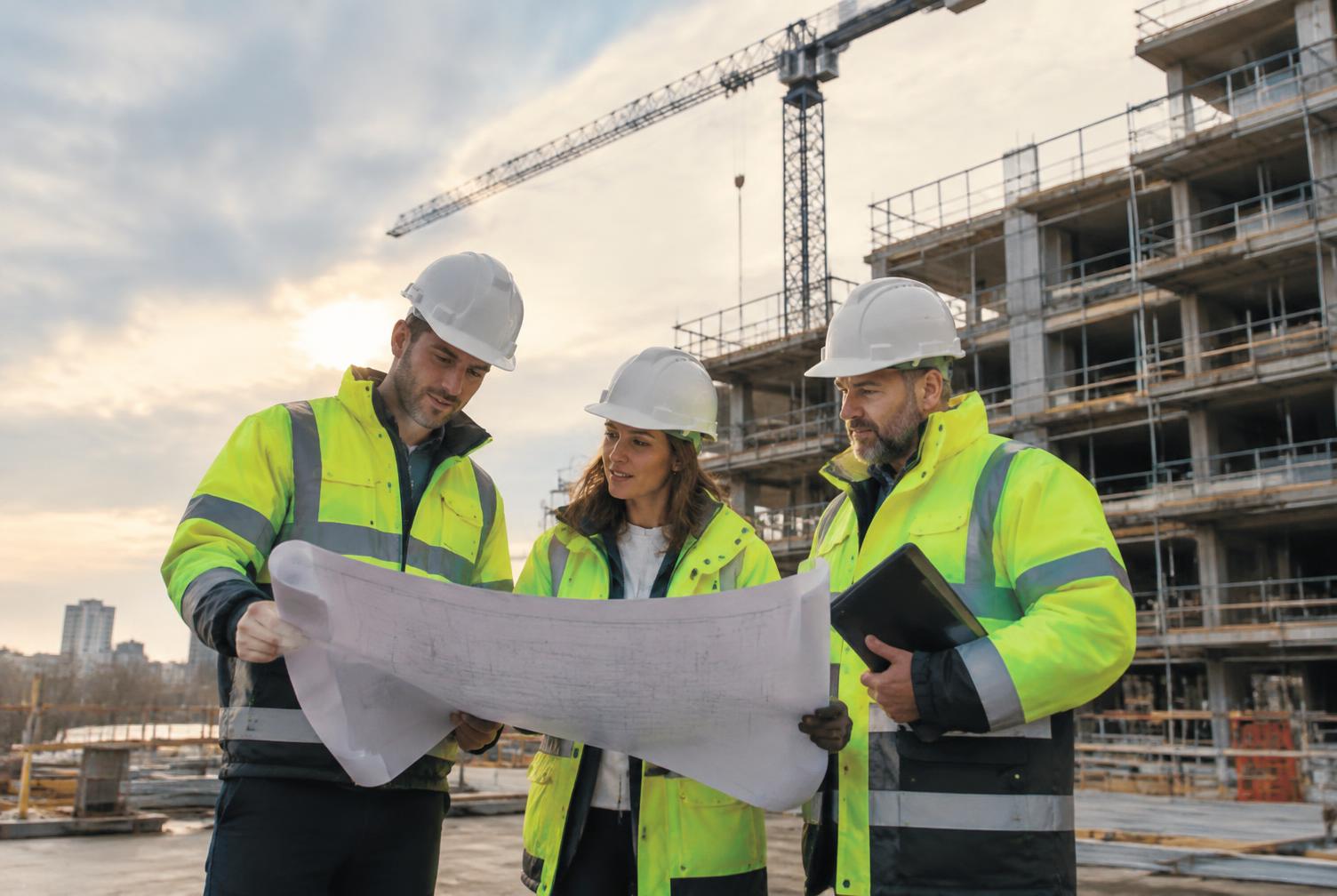 Construction managers reviewing plans on a live building site
